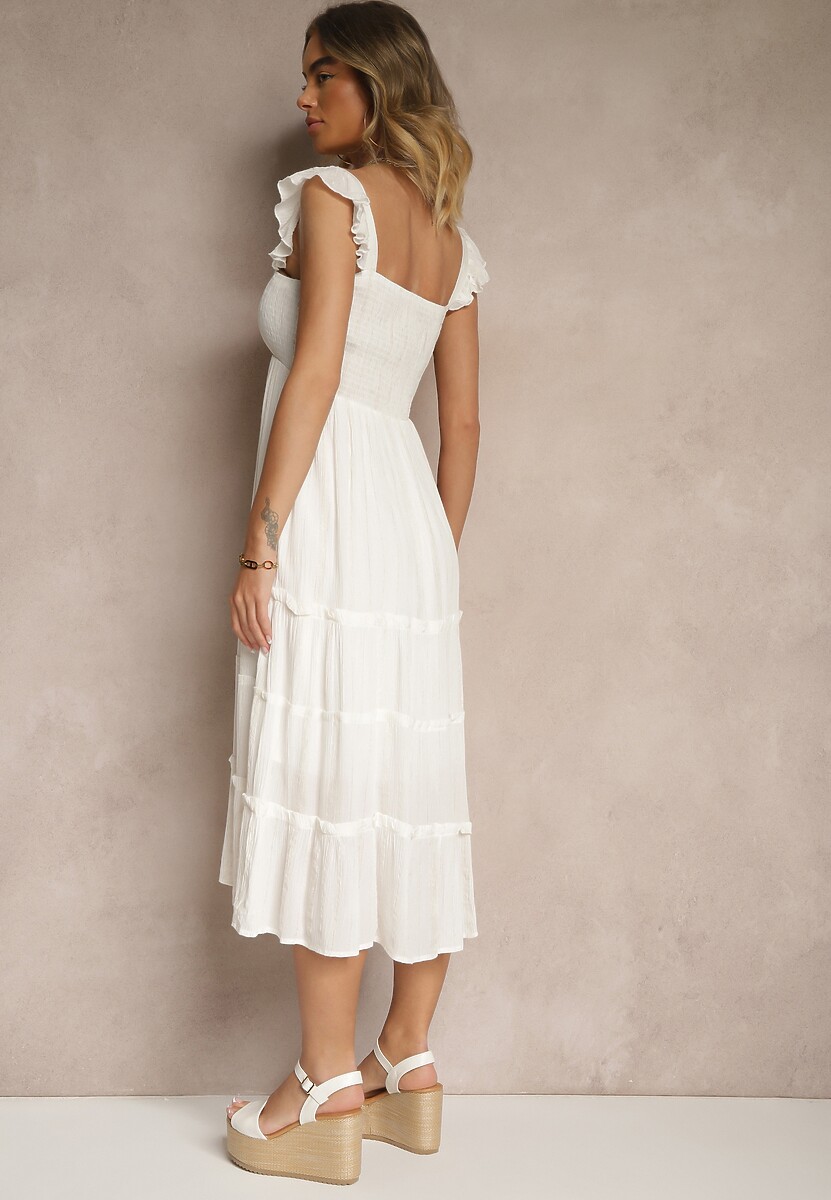 Biała Rozkloszowana Sukienka z Wiskozy z Metalicznymi Przeszyciami Iffaria