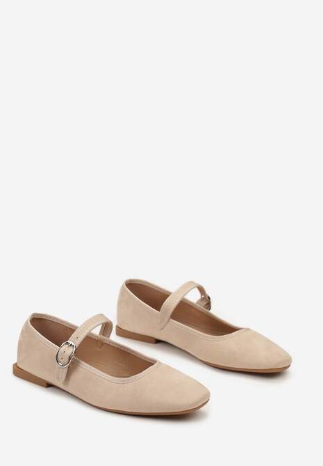 Beżowe Balerinki z Zapięciem na Sprzączkę i Kwadratowym Noskiem Loratie