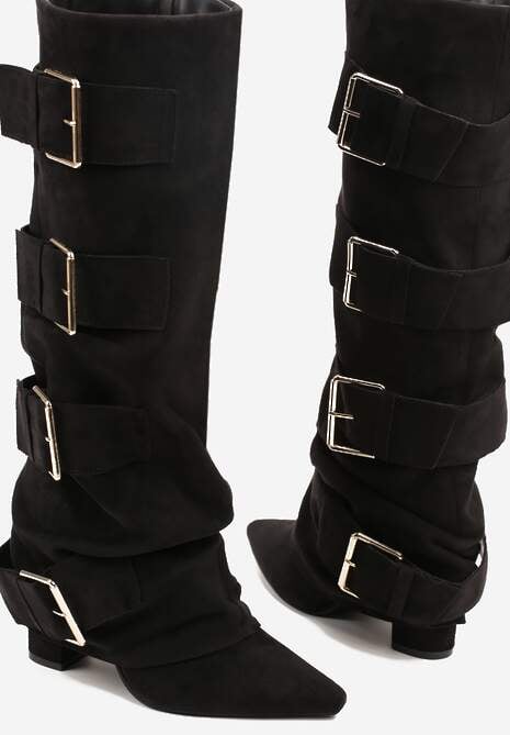 Czarne Kozaki na Słupkowym Obcasie z Klamrami i Cholewką Imitującą Nogawkę Arwellia