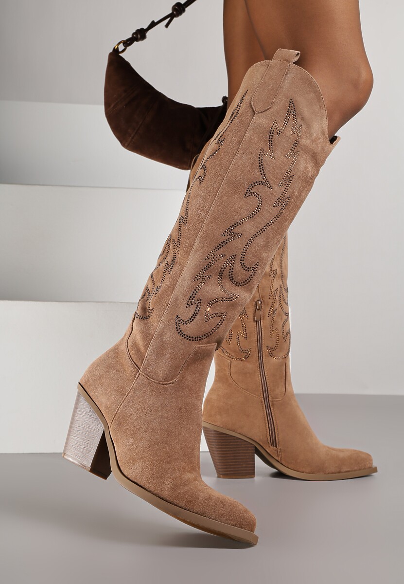 Jasnobrązowe Kozaki Kowbojki na Stożkowym Obcasie Zdobione Cyrkoniami Nalera
