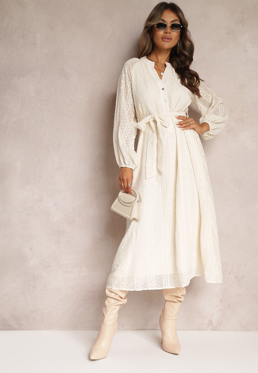 Beżowa Sukienka z Ozdobnym Haftem i Paskiem Deanna