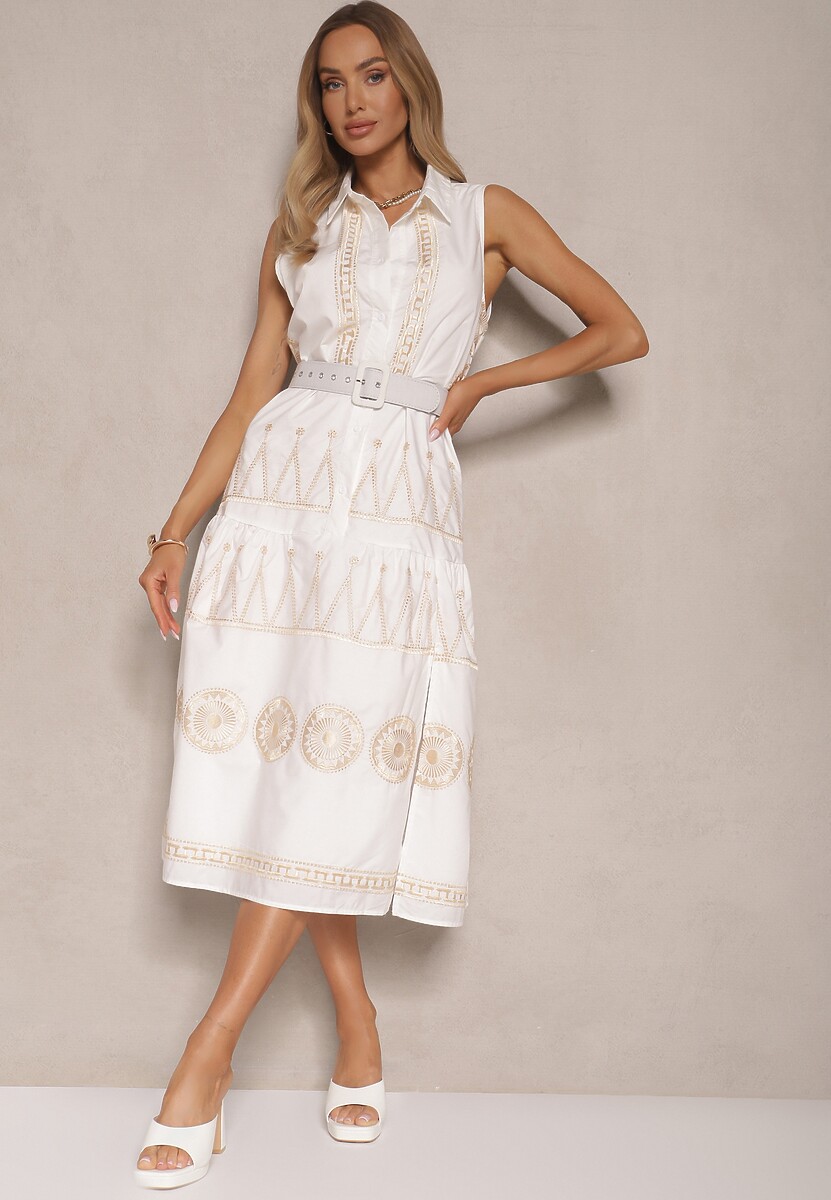 Biała Sukienka o Koszulowym Kroju z Paskiem Zdobiona Haftem Talliera