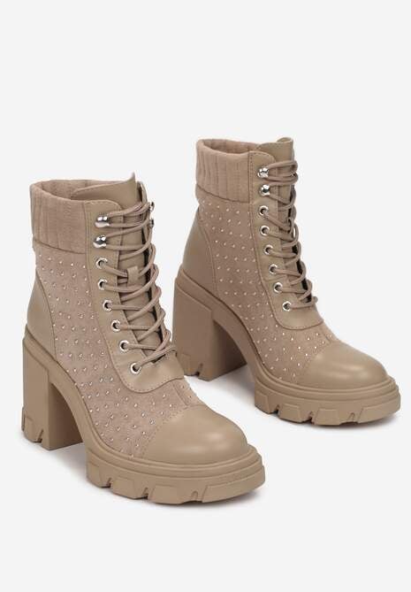 Ciemnobeżowe Botki Sznurowane na Słupku Hiesore