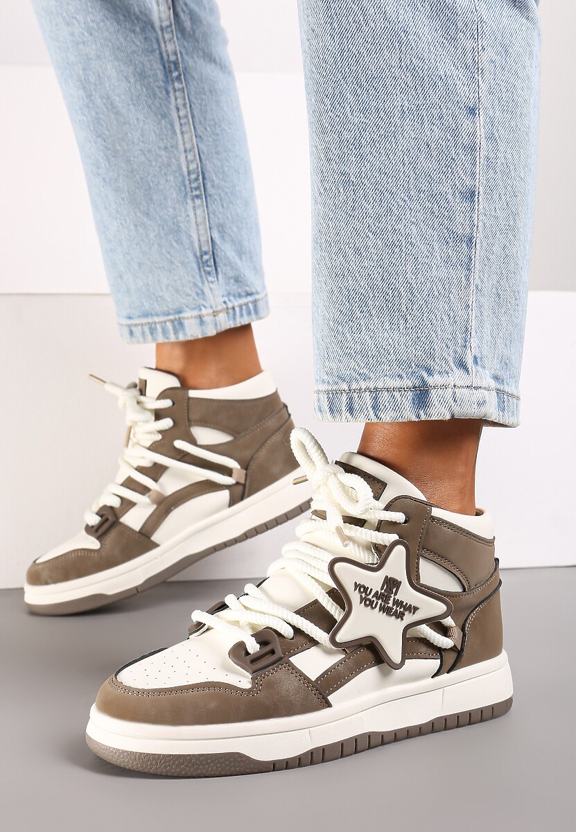 Beżowe Płaskie Sneakersy za Kostkę Ozdobione Gwiazdą Saveline