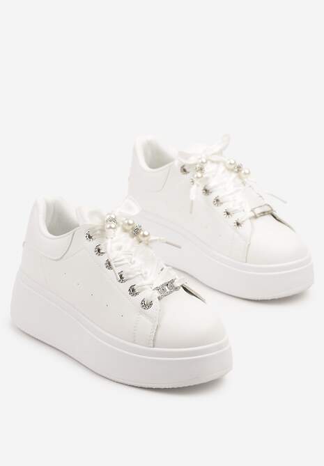 Białe Sneakersy na Platformie Ozdobione Cyrkoniami Vivalle