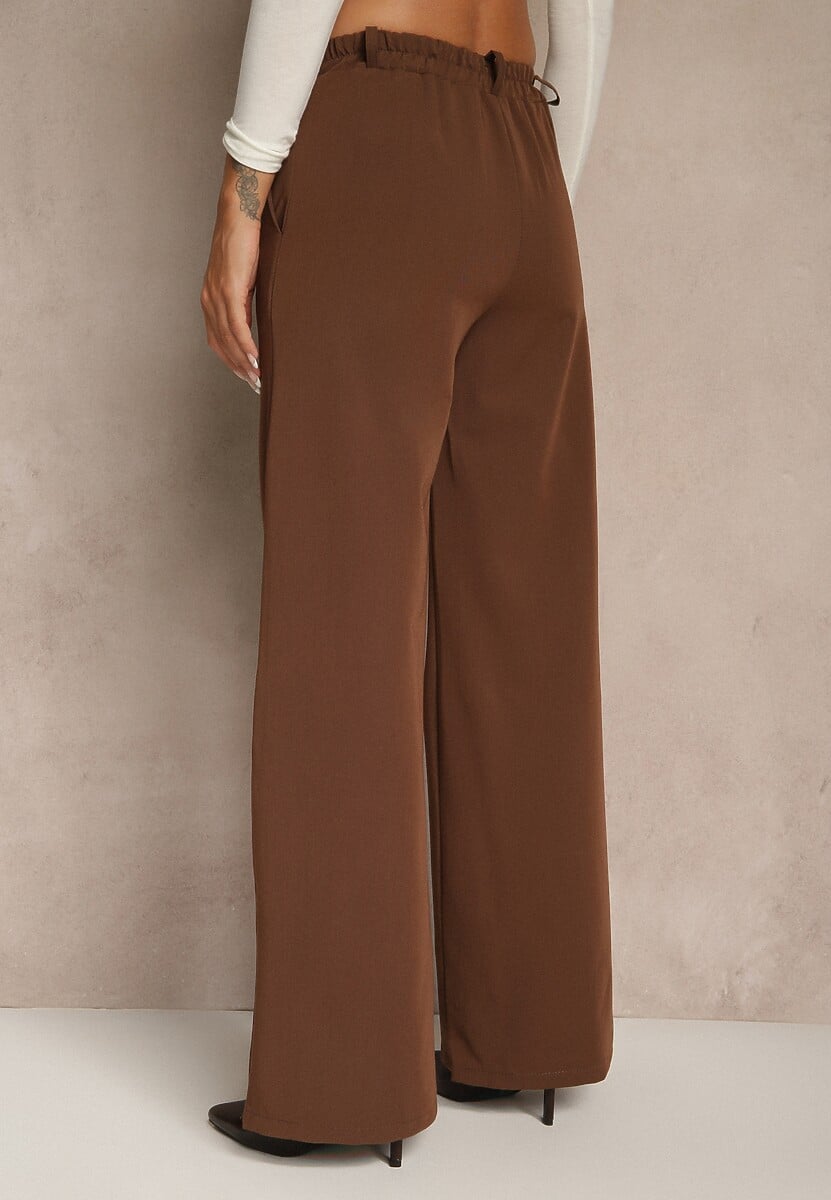 Brązowe Szerokie Spodnie High Waist z Gumką w Pasie Eternel