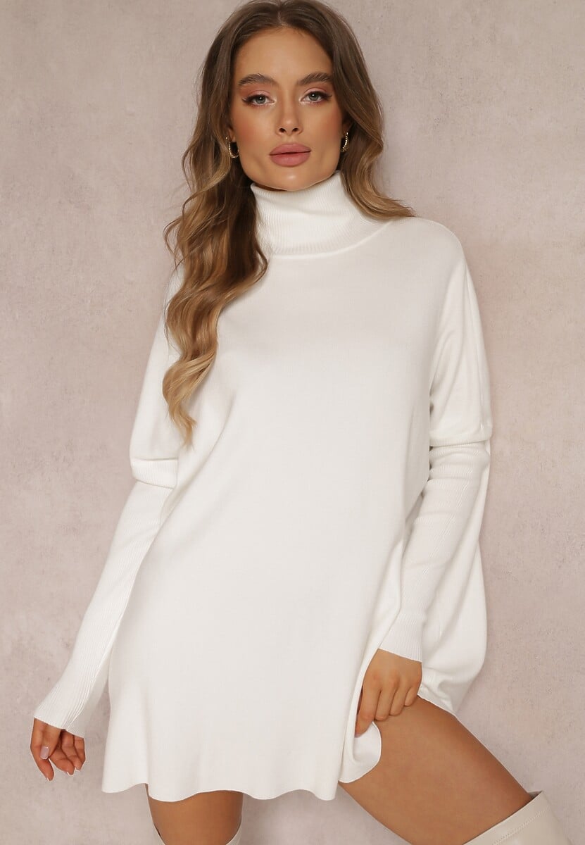 Biały Golf Dzianinowy z Długim Rękawem Halaian