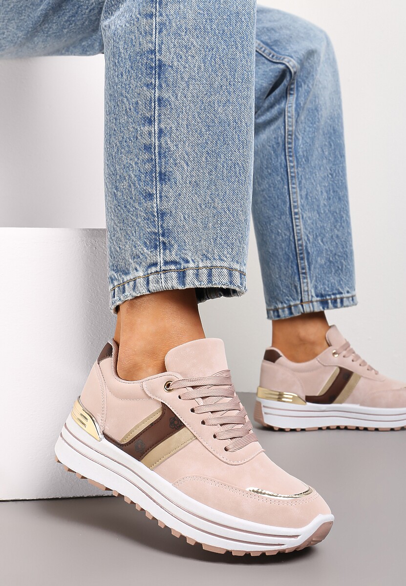 Ciemnobeżowe Sneakersy z Dekoracyjnymi Wstawkami na Platformie w Paski Letorra