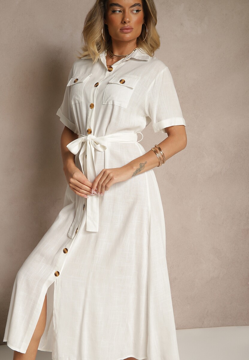 Biała Sukienka z Lnu i Wiskozy o Koszulowym Fasonie Weolara