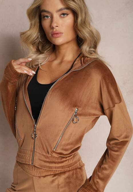 Brązowy Welurowy Komplet Dresowy z Bluzą i Spodniami Lunamea