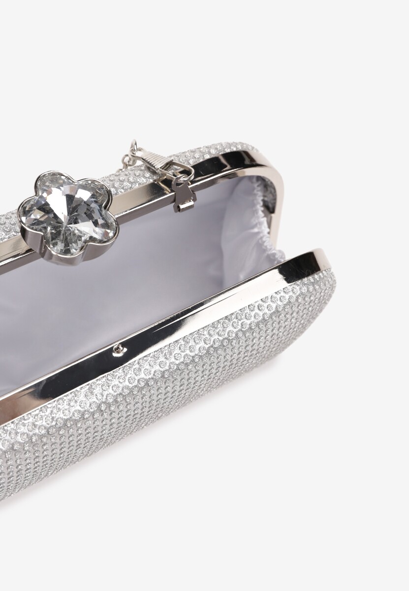 Srebrna Torebka Kopertówka z Brokatem na Zatrzask z Cyrkoniami Maleta