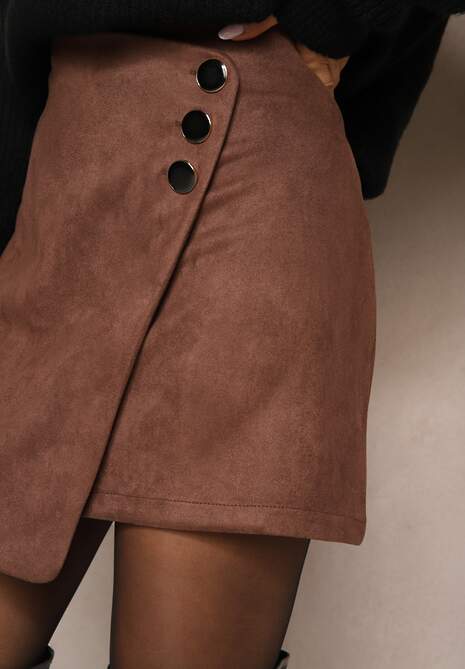 Brązowa Trapezowa Spódnica o Kopertowym Kroju z Guzikami Ilaraeth