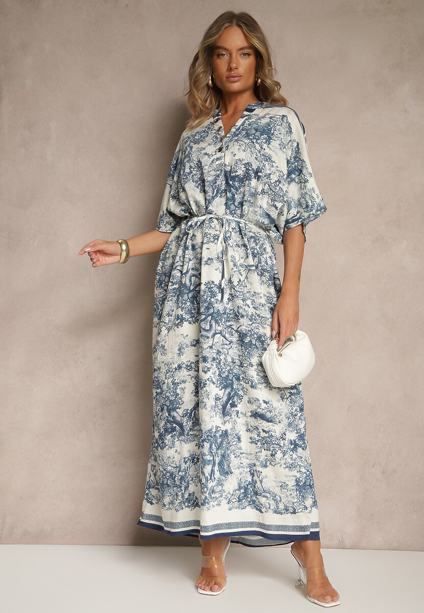 Niebieska Sukienka Oversize z Wiskozą i Abstrakcyjnym Motywem Lunisana