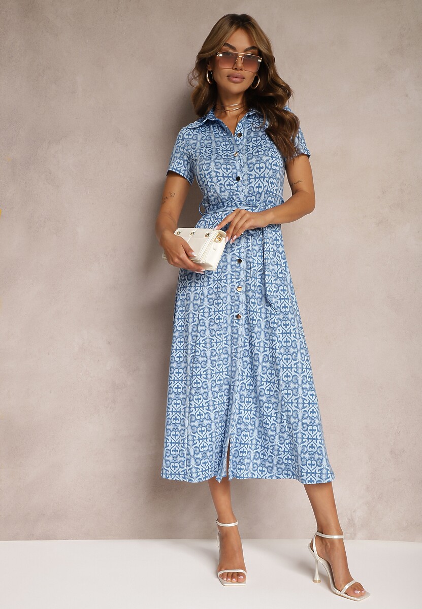 Niebieska Rozkloszowana Sukienka o Koszulowym Kroju z Guzikami i Materiałowym Paskiem w Talii Lranea