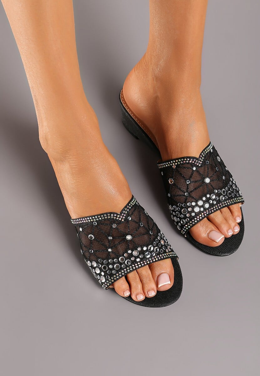 Czarne Klapki z Cyrkoniami na Niskiej Koturnie Ellahope