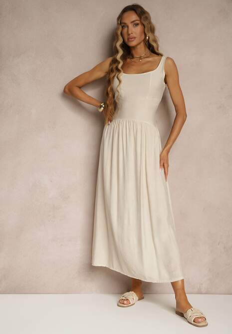 Beżowa Rozkloszowana Sukienka z Wiskozy Milunisa