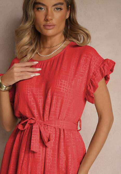 Czerwona Sukienka z Paskiem i Falbankami przy Rękawach Folunelle