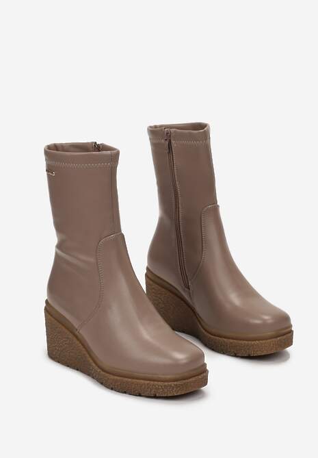 Ciemnobeżowe Botki za Kostkę na Koturnie Elisola