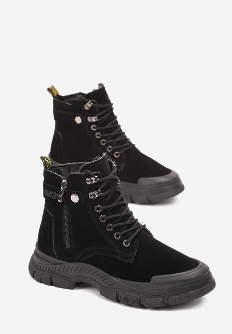 Czarne Sznurowane Botki Traperki na Grubej Podeszwie Trewenna