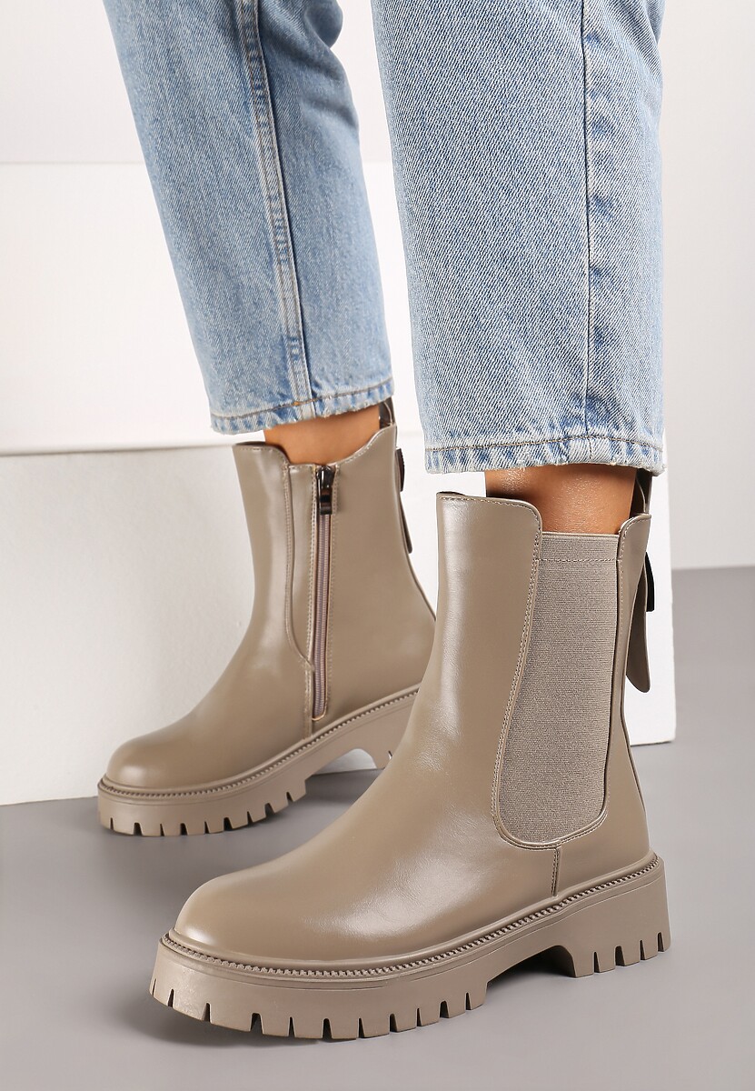 Beżowo-Szare Botki Sztyblety na Platformie Ozdobionej Tłoczeniem z Gumką Naritana