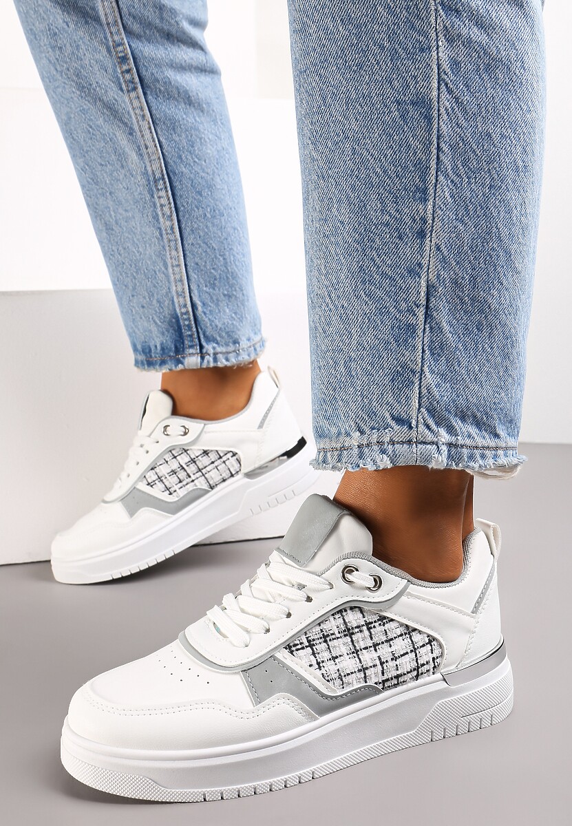 Białe Sneakersy Ozdobione Wstawką z Tweedowego Materiału Saini
