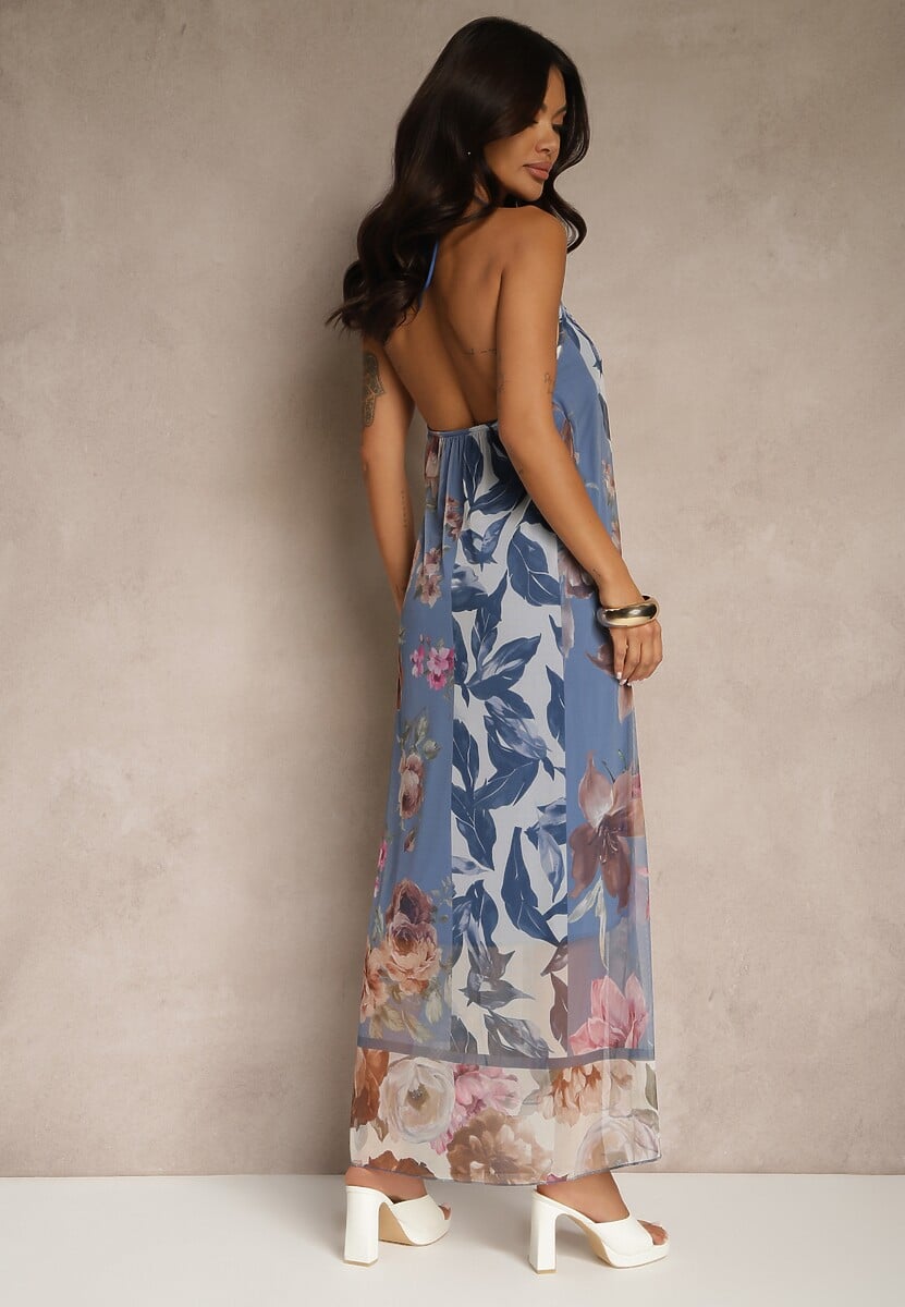 Niebieska Kwiatowa Sukienka Siateczkowa z Wiskozą Izurelia