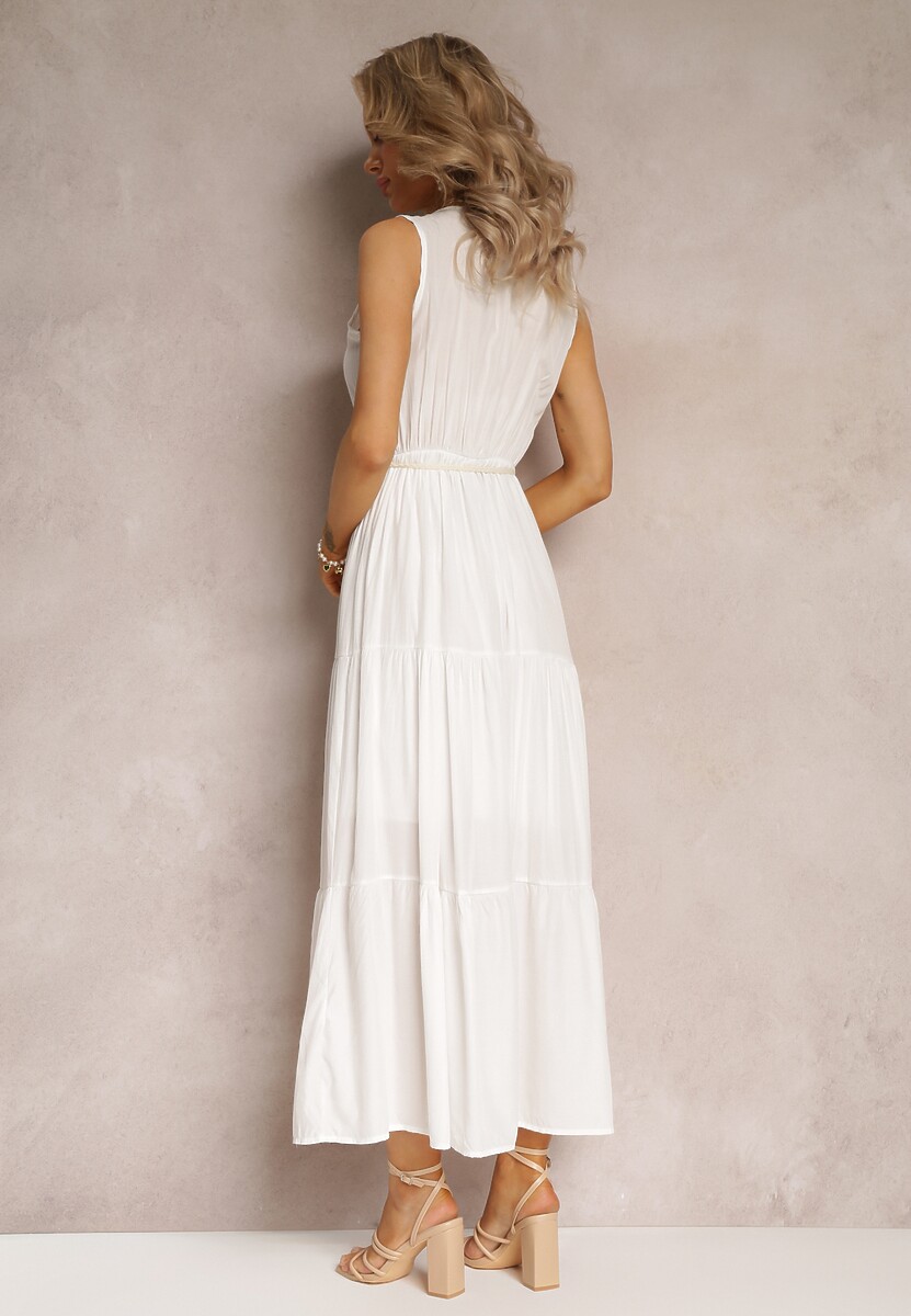 Biała Sukienka Maxi o Rozkloszowanym Fasonie z Ozdobnym Sznurkiem i Trójkątnym Dekoltem Zornitsa