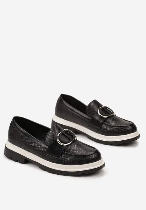 Czarne Mokasyny z Metaliczną Aplikacją i Delikatnym Printem Unica