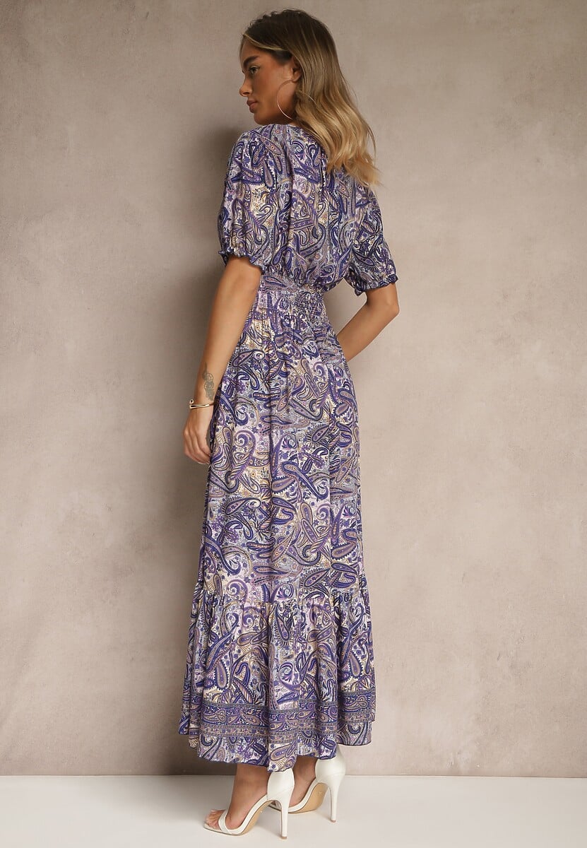 Fioletowa Rozkloszowana Sukienka z Bawełny Zdobiona Wzorem Paisley Folitea