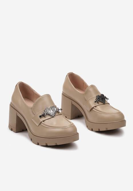 Beżowe Półbuty na Słupku i Platformie z Wkładką z Naturalnej Skóry i Metalową Ozdobą Zavitellia