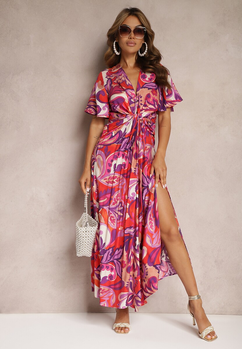 Fioletowo-Różowa Sukienka z Wiskozy o Rozkloszowanym Kroju z Ozdobnym Węzłem i Szerokimi Rękawami Janamla