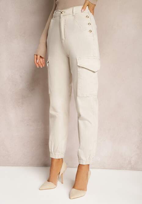 Jasnobeżowe Spodnie Bawełniane o Fasonie Bojówek High Waist z Guzikami Amatnosha