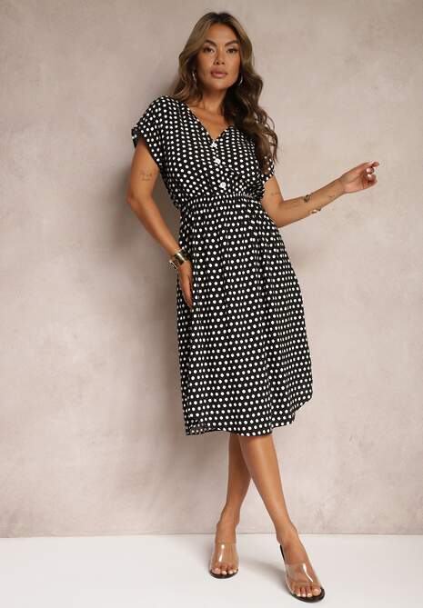 Czarno-Biała Sukienka z Bawełny o Rozkloszowanym Kroju z Gumką w Talii Emilla