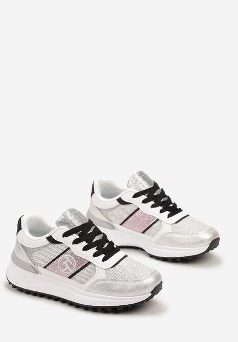Srebrne Sznurowane Sneakersy z Brokatem i Siateczką na Grubej Podeszwie Leviria