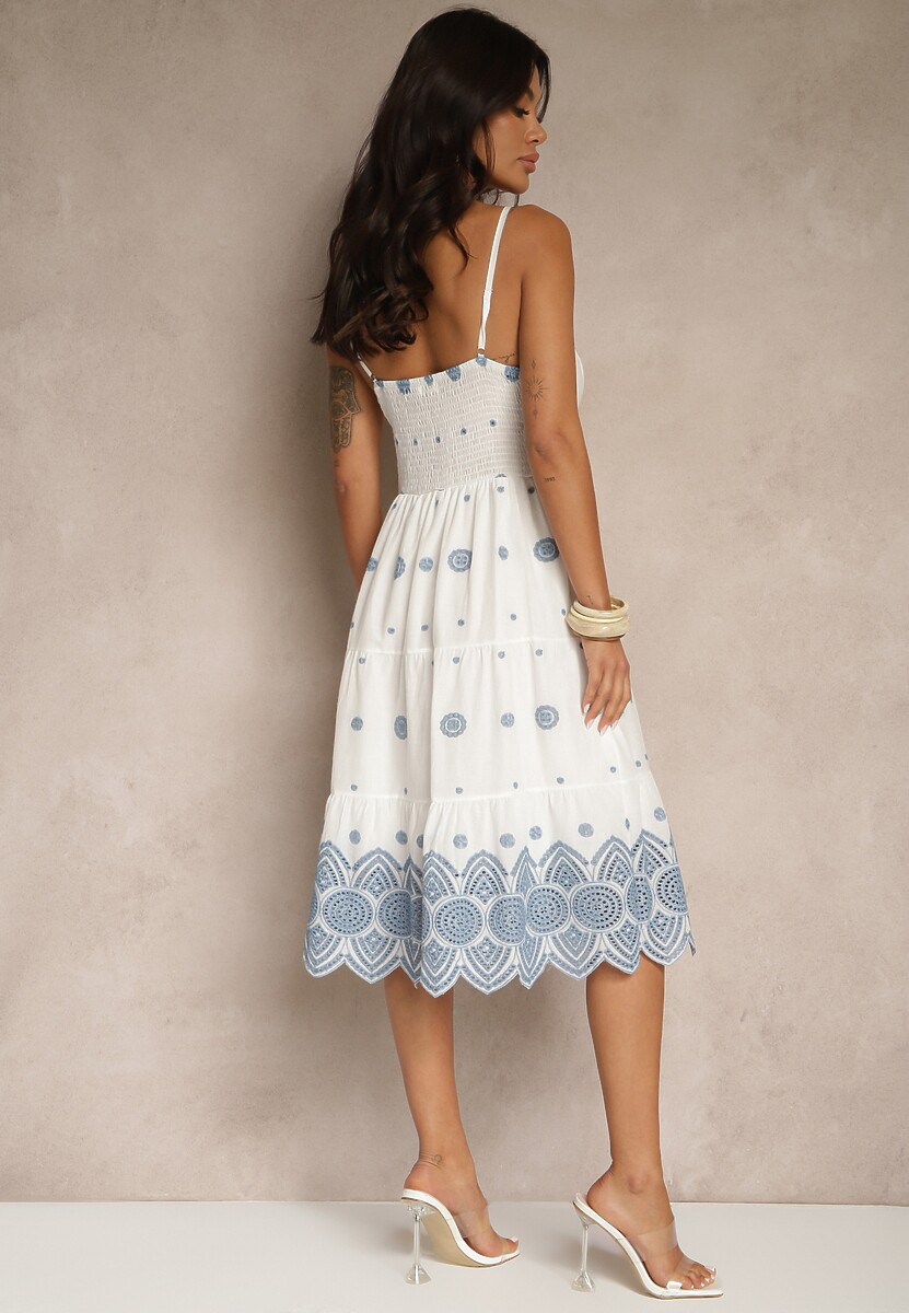 Biała Sukienka z Bawełny Zdobiona Haftem i Ażurowymi Wstawkami Silassa