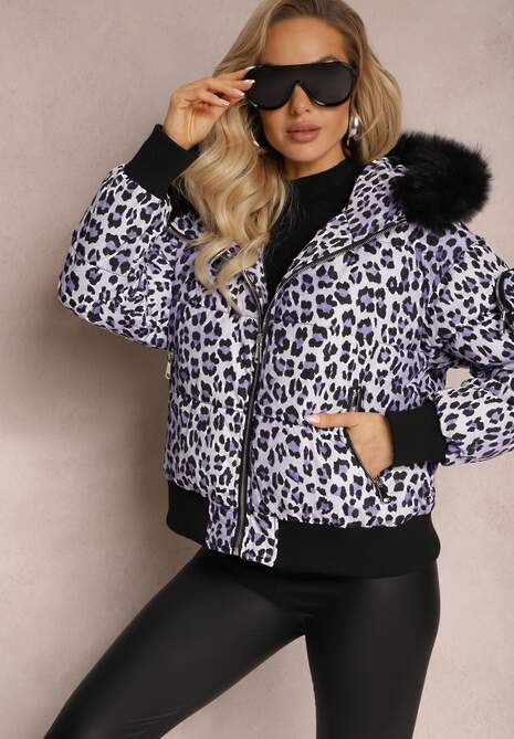 Fioletowa Pikowana Kurtka w Panterkę z Kapturem i Ozdobną Saszetką Sadeve