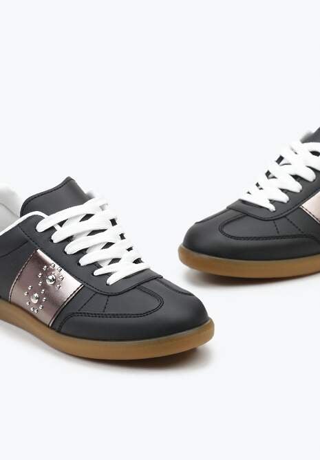 Czarne Sneakersy na Płaskiej Podeszwie z Wiązaniem i Ozdobną Wstawką Drukesti