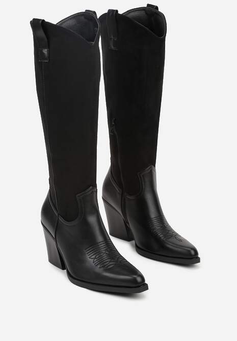 Czarne Kozaki Kowbojki z Łączonych Materiałów na Stożkowym Obcasie Avalerie