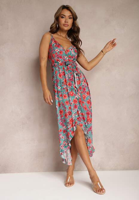 Zielono-Czerwona Kopertowa Sukienka z Bawełny w Kwiaty na Ramiączkach Rissanda