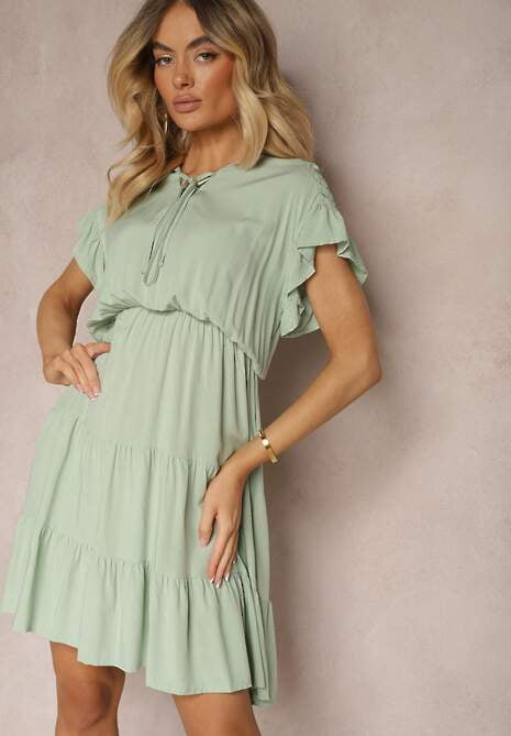 Miętowa Sukienka Wiązana Materiałowym Paskiem z Gumką w Talii i Falbanką Tiamari