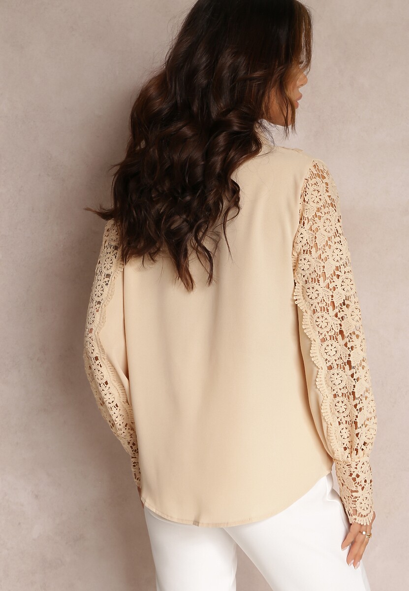 Beżowa Ażurowa Koszula z Bufiastym Rękawem i Perłowymi Guzikami Ingebo