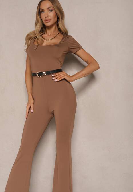 Brązowy Kombinezon z Wiskozą z Krótkim Rękawem i Nogawkami Flare Calhira