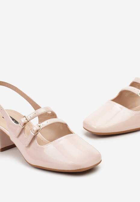 Beżowe Czółenka na Niskim Słupku ze Sprzączkami i Noskiem w Kwadrat Seraphela