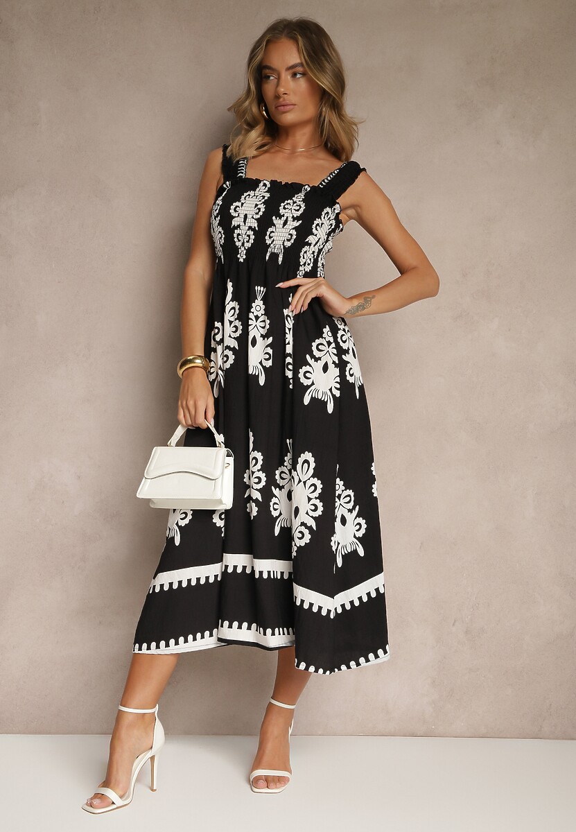 Czarna Rozkloszowana Sukienka z Wiskozy z Ornamentnym Motywem Aloxe