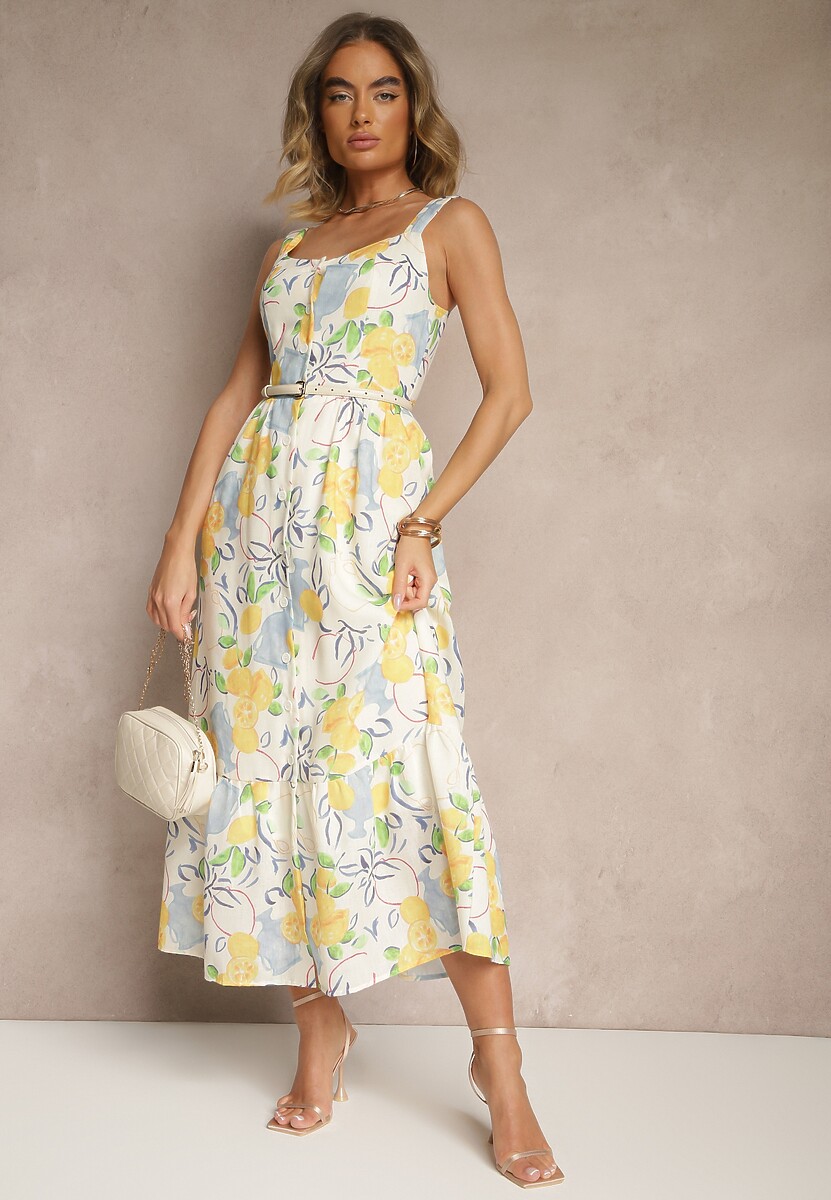 Beżowa Bawełniana Sukienka z Motywem Cytryn Lenvira