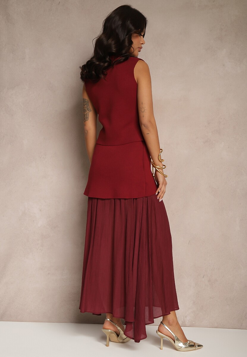 Bordowy Komplet z Wiskozą Spódnica o Rozkloszowanym Kroju i Kamizelka Ozdobiona Guzikami Felilya