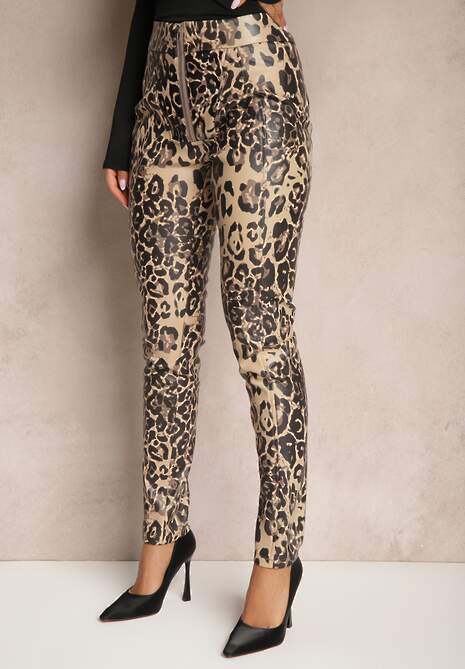 Beżowo-Czarne Spodnie w Panterkę High Waist z Ekoskóry z Ozdobnym Suwakiem i Ociepleniem Ilanilith