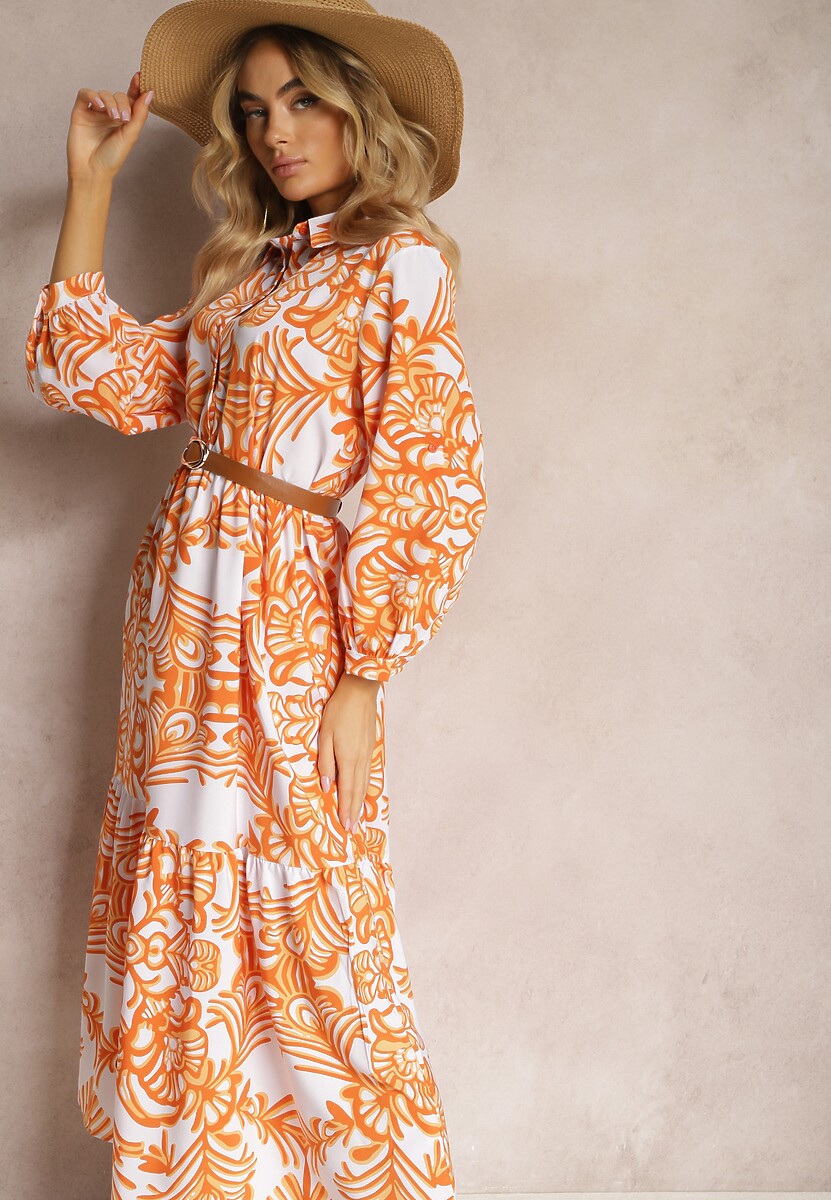 Pomarańczowa Rozkloszowana Sukienka Długa z Falbanką w Ornamentalny Print Naraoda