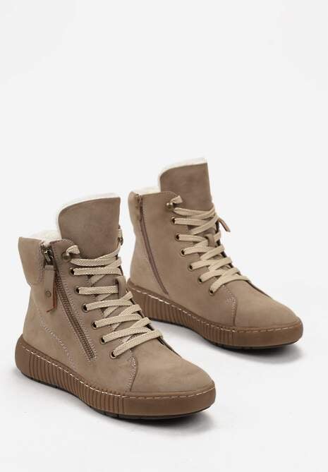 Ciemnobeżowe Traperki Sportowe ze Sznurowaniem i Ociepleniem Persetina