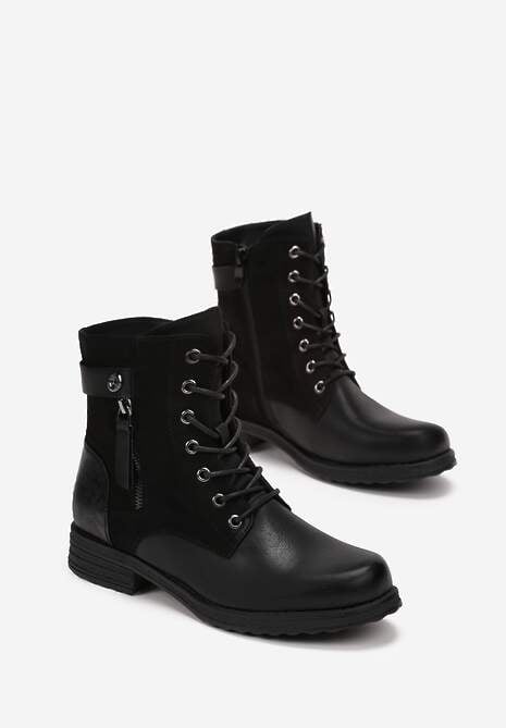 Czarne Botki Workery Ozdobione Suwakiem i Wstawkami z Imitacji Zamszu Esanotte